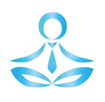 Blaues Icon, das stilisiert einen Mann mit Krawatte in Lotushaltung zeigt.
